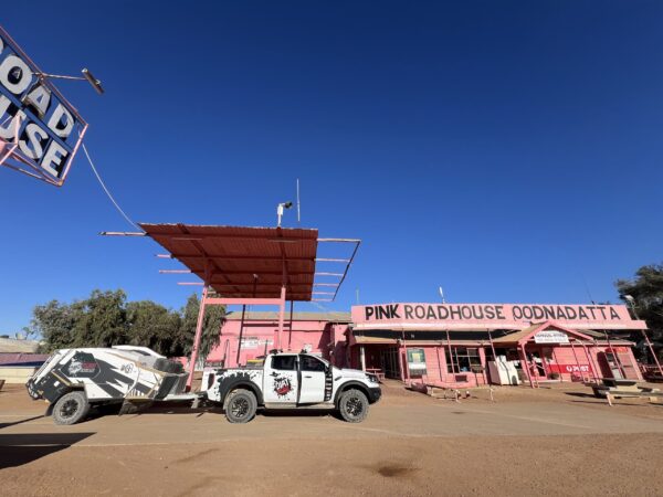 Topping up at the Pink Roadhouse fuel stop at Oodnadatta