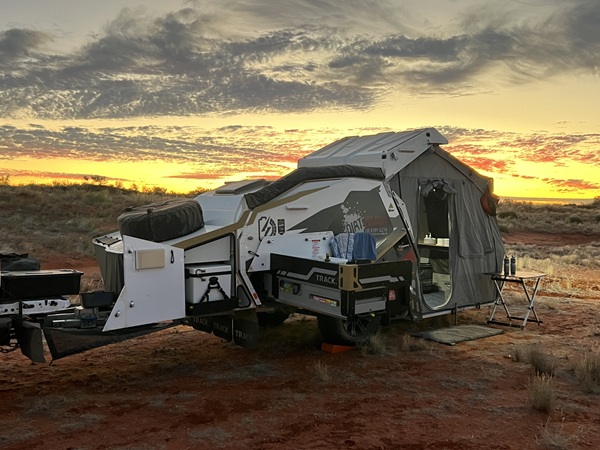 Track Tvan, the ultimate desert tourer, camped along the Madigan Line