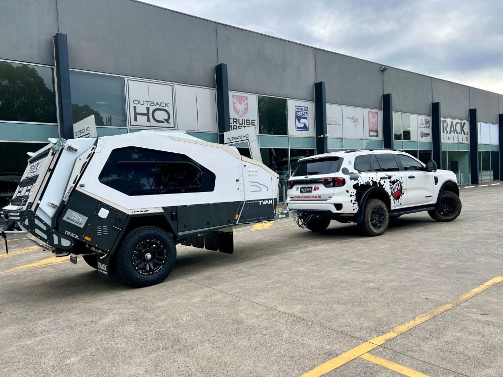 Ford Everest Tremor towing a Mk6 Tvan Murranji after factory pickup in Melbourne.