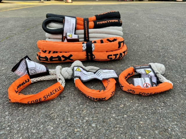 Soft shackles, kinetic recovery rope and bridle laid out ready for the Canning Stock Route expedition.