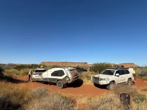 Track Tvan Mk6 Murranji on the Canning Stock Route with two 4WD vehicles in remote Western Australian desert country