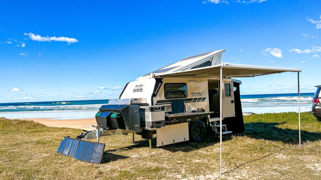 Rhinomax Renegade 12 set up at camp with awning and annex