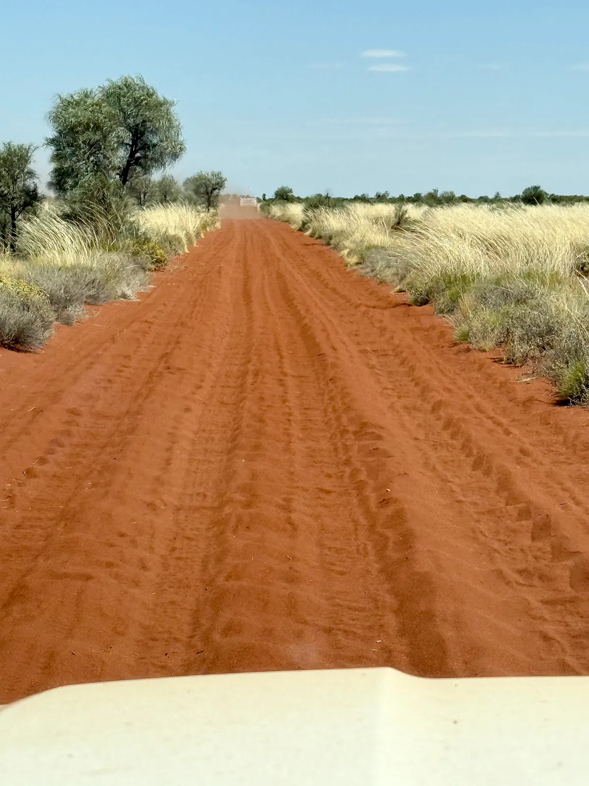 View over the Everest’s bonnet along a wide, soft red sand track, with a vehicle ahead raising dust between tall grass verges